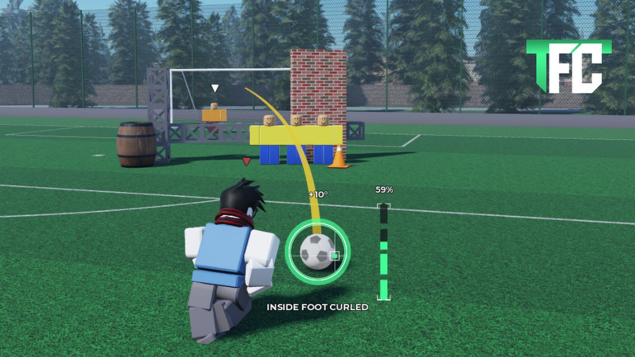 That Freekick Challenge overview showing a set-piece pitch, wall formation, and goalmouth ready for a curled shot